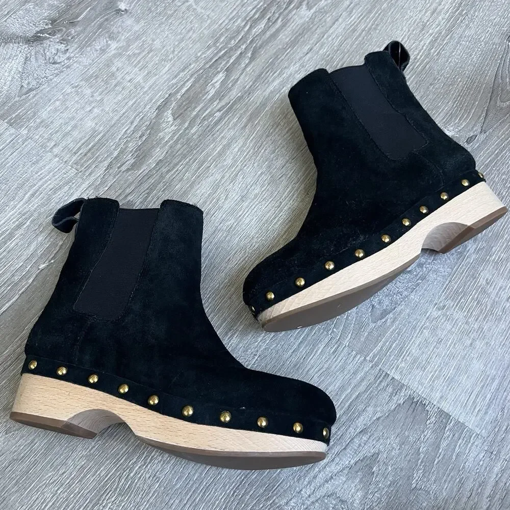 J. CREW Faux Fur Lined Chelsea Clog Boots Black Suede Leather Sz 6 Gold Studded